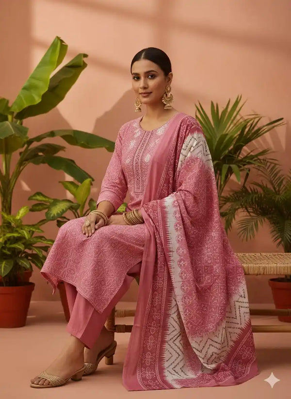 Readymade Block Print Cotton Suit With Cotton Dupatta