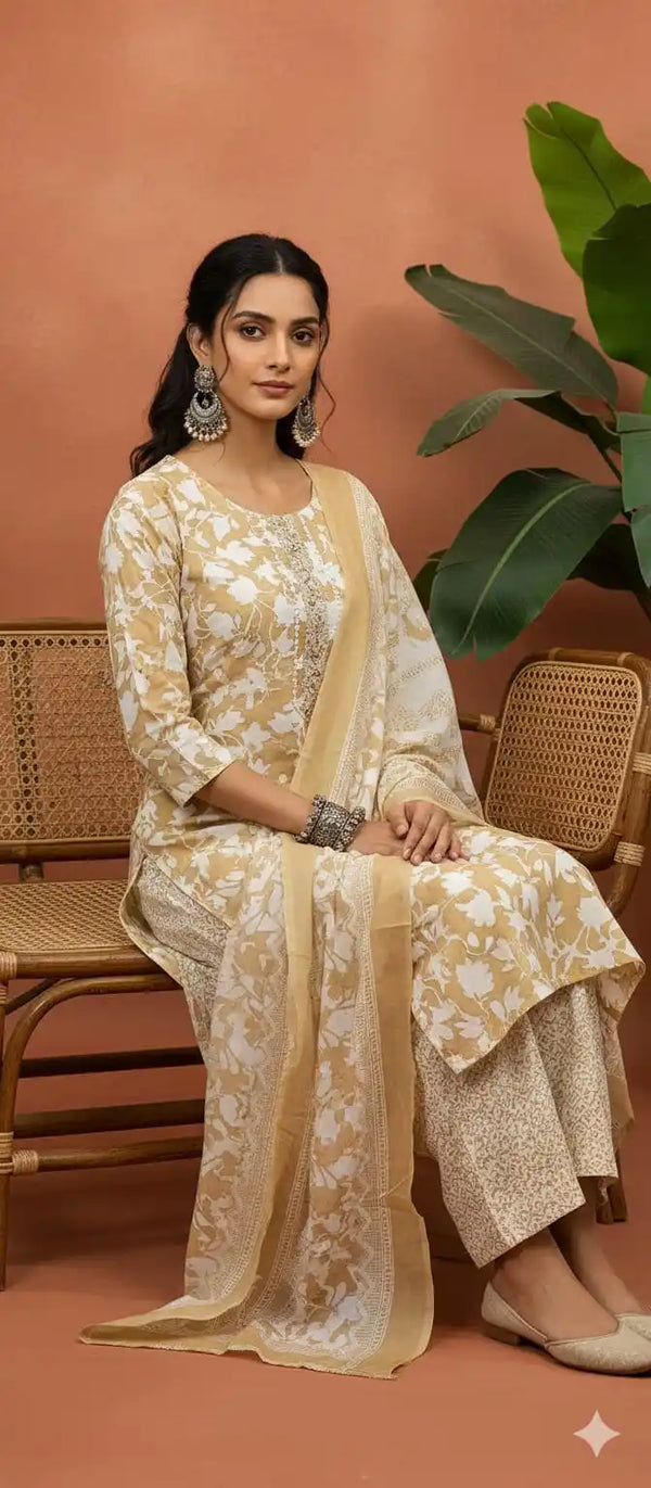 Readymade Block Print Cotton Suit With Cotton Dupatta