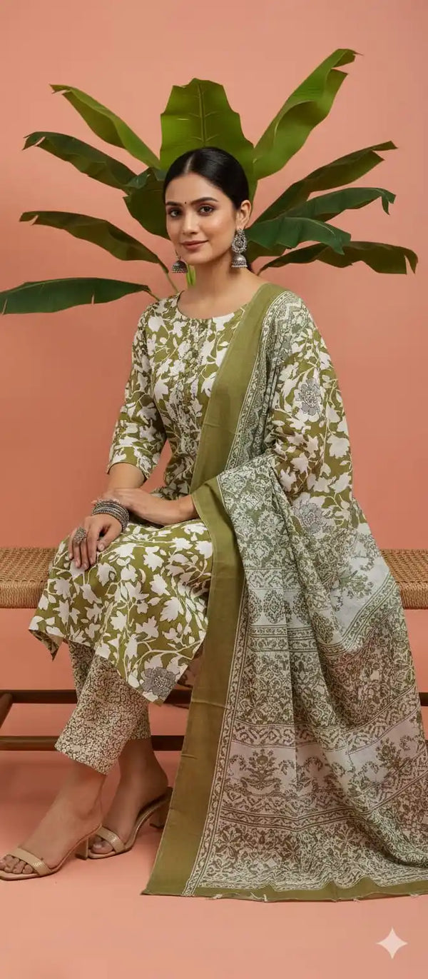 Readymade Block Print Cotton Suit With Cotton Dupatta