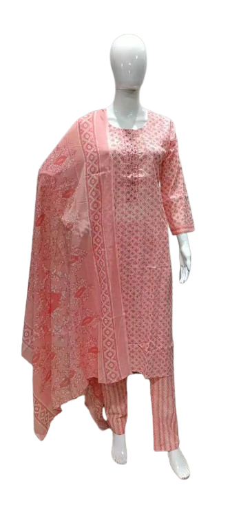 Readymade Block Print Cotton Suit With Cotton Dupatta