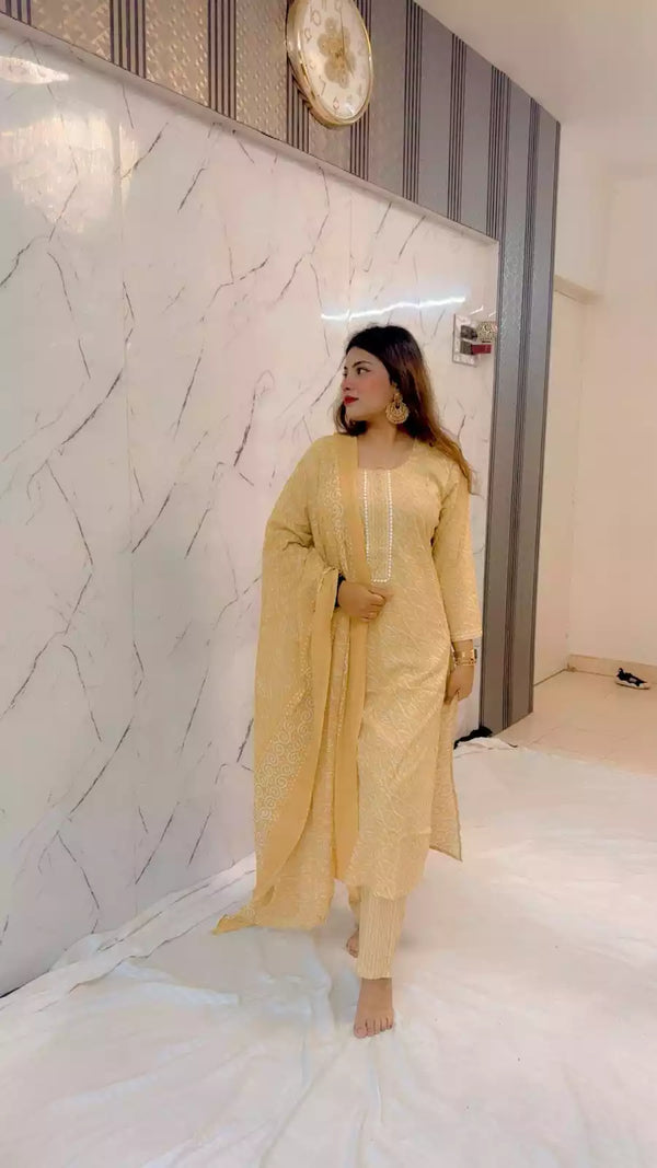 Readymade Block Print Cotton Suit With Cotton Dupatta