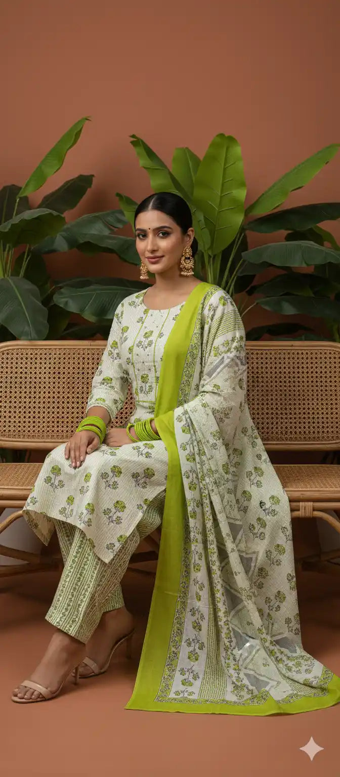 Readymade Block Print Cotton Suit With Cotton Dupatta