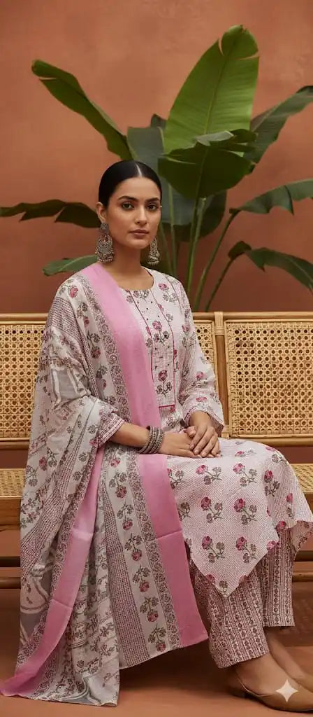 Readymade Block Print Cotton Suit With Cotton Dupatta