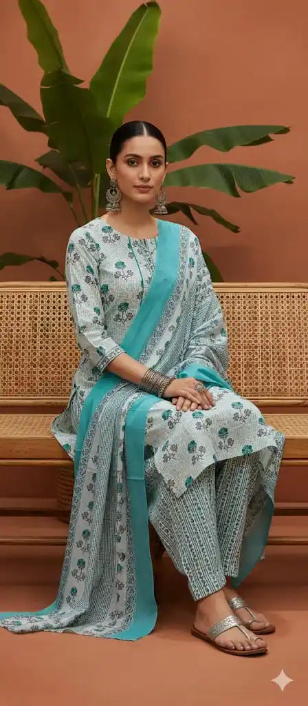 Readymade Block Print Cotton Suit With Cotton Dupatta