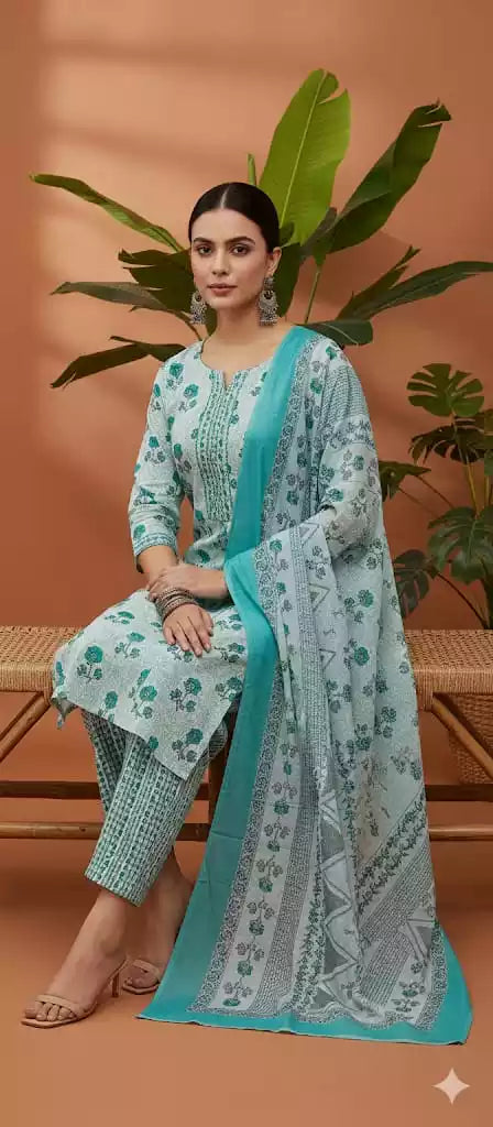 Readymade Block Print Cotton Suit With Cotton Dupatta