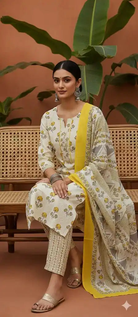 Readymade Block Print Cotton Suit With Cotton Dupatta