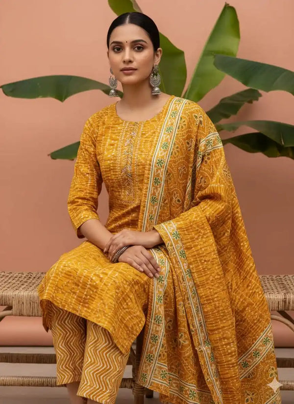 Readymade Block Print Cotton Suit With Cotton Dupatta