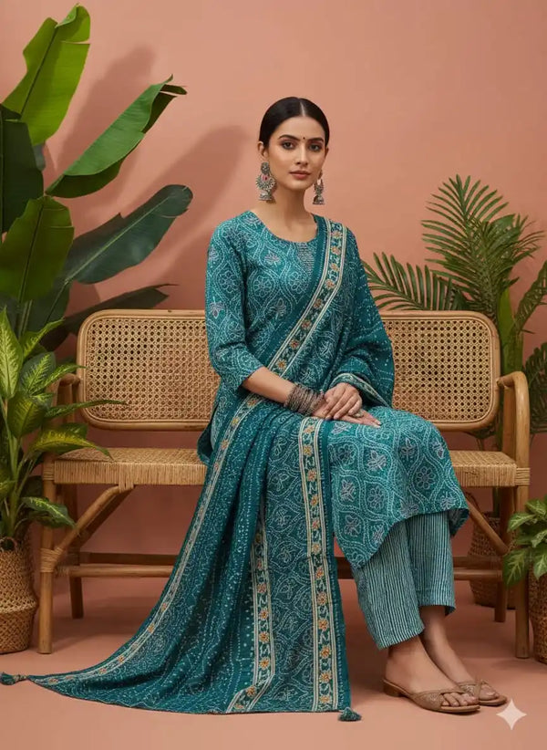 Readymade Block Print Cotton Suit With Cotton Dupatta