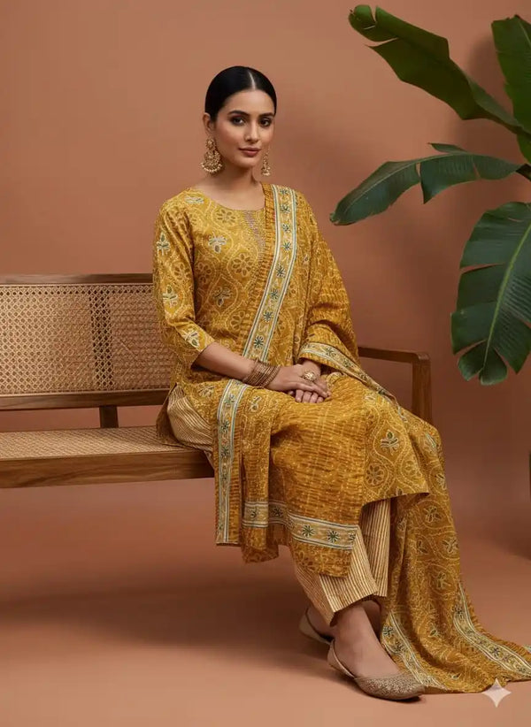 Readymade Block Print Cotton Suit With Cotton Dupatta