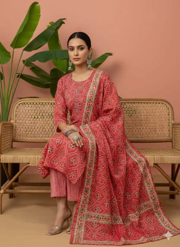 Readymade Block Print Cotton Suit With Cotton Dupatta