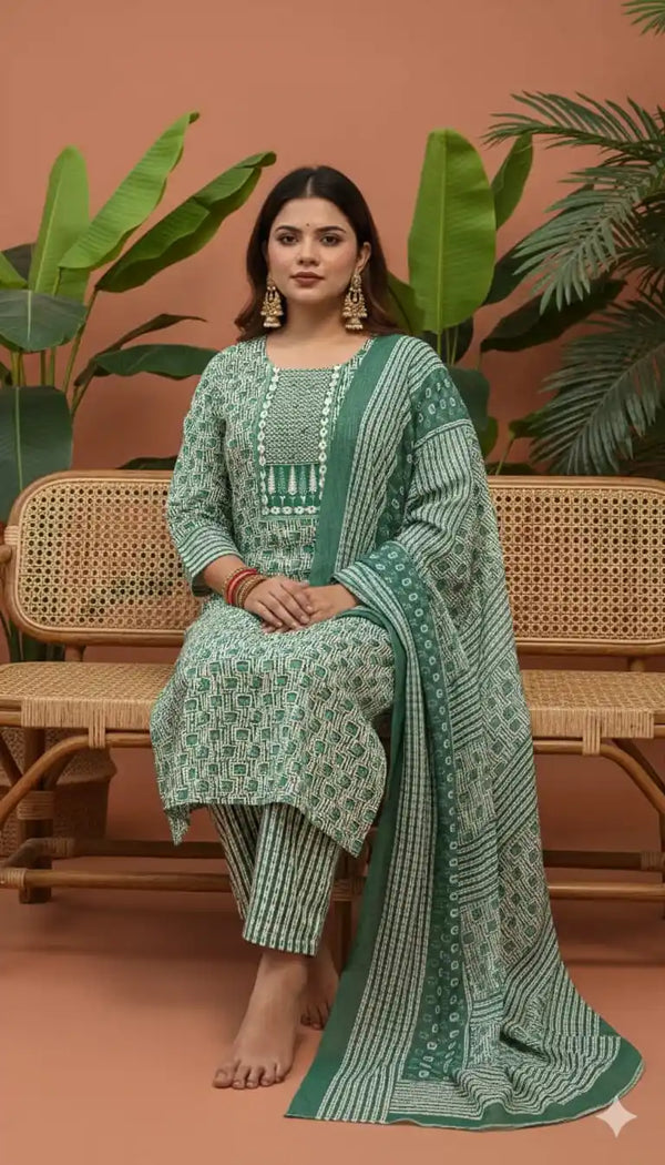 Readymade Block Print Cotton Suit With Cotton Dupatta