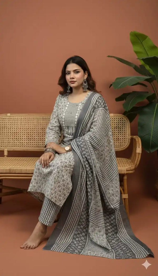 Readymade Block Print Cotton Suit With Cotton Dupatta