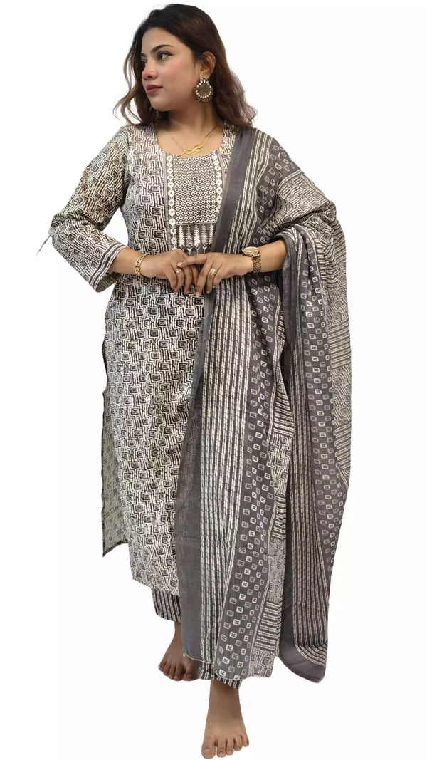 Readymade Block Print Cotton Suit With Cotton Dupatta