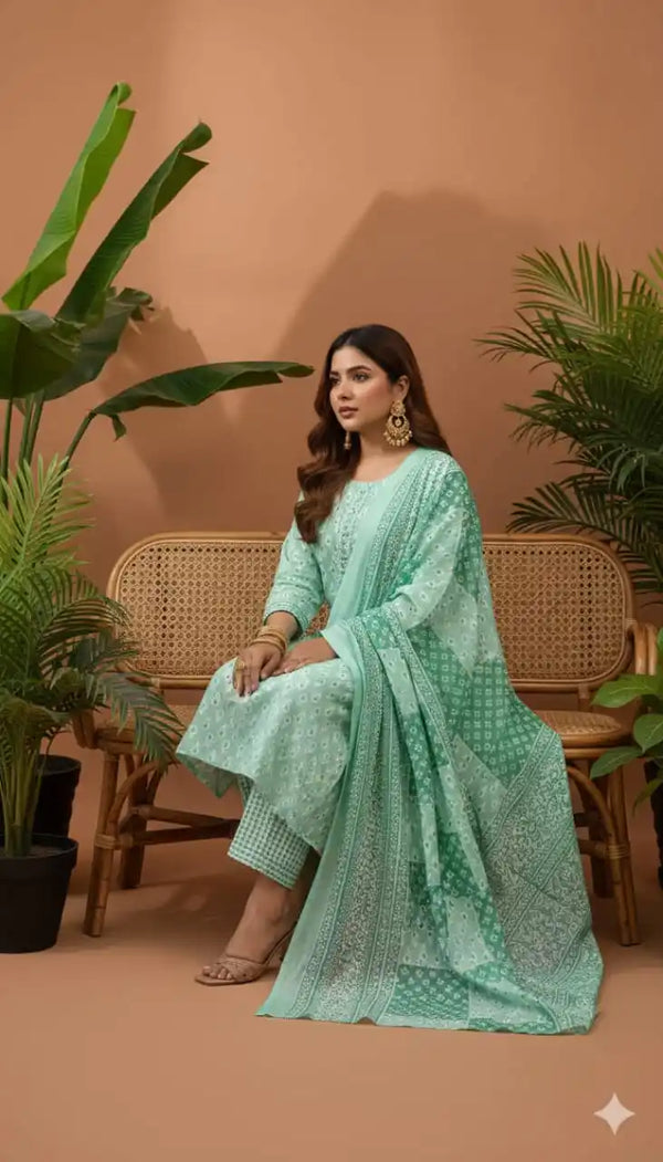 Readymade Block Print Cotton Suit With Cotton Dupatta