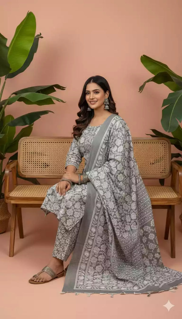 Readymade Block Print Cotton Suit With Cotton Dupatta