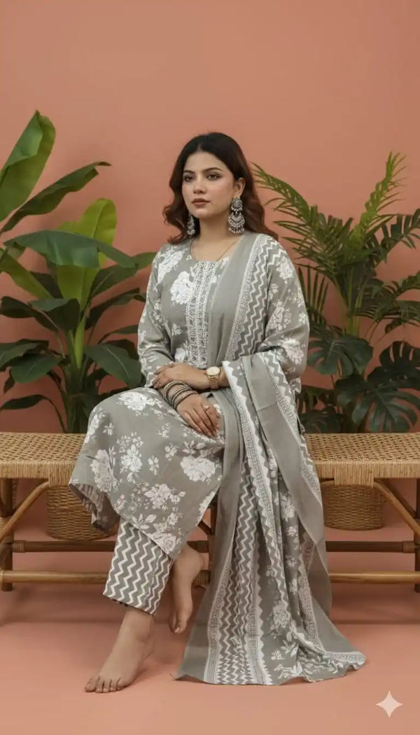 Readymade Block Print Cotton Suit With Cotton Dupatta