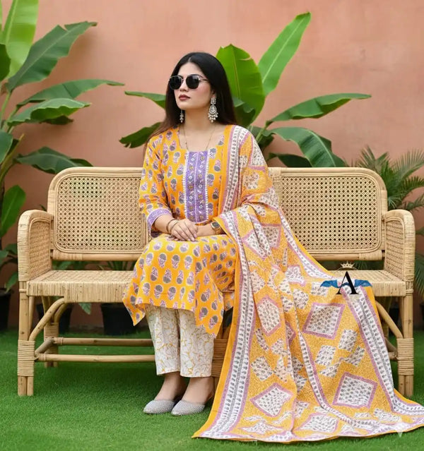 Readymade Block Print Cotton Suit With Cotton Dupatta