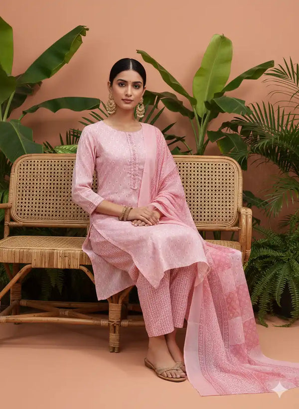 Readymade Block Print Cotton Suit With Cotton Dupatta