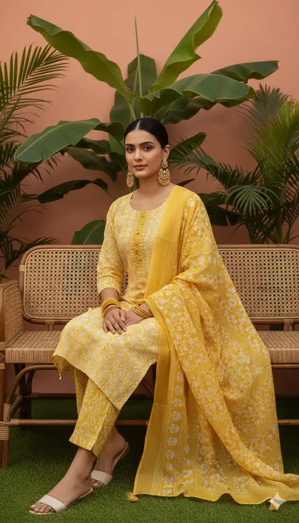 Readymade Block Print Cotton Suit With Cotton Dupatta