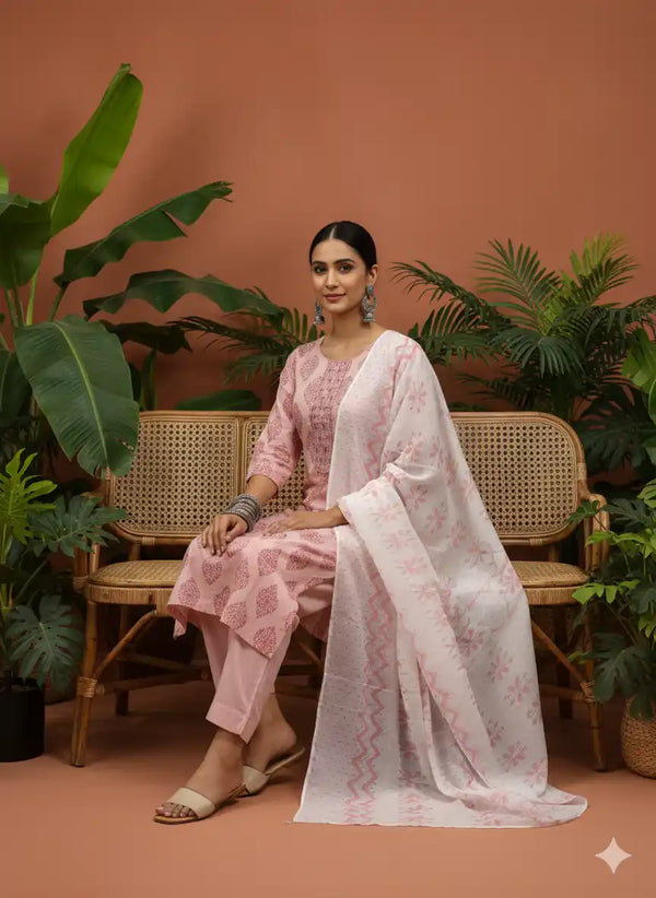 Readymade Block Print Cotton Suit With Cotton Dupatta