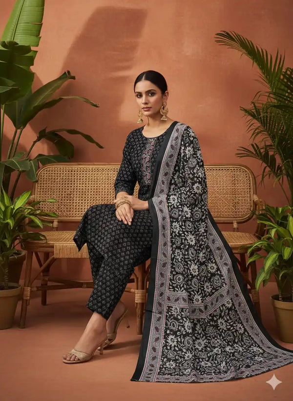 Readymade Block Print Cotton Suit With Cotton Dupatta