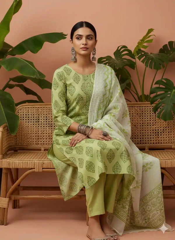 Readymade Block Print Cotton Suit With Cotton Dupatta