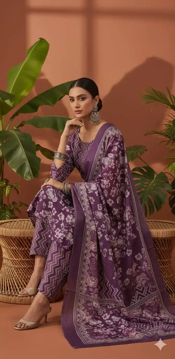 Readymade Block Print Cotton Suit With Cotton Dupatta