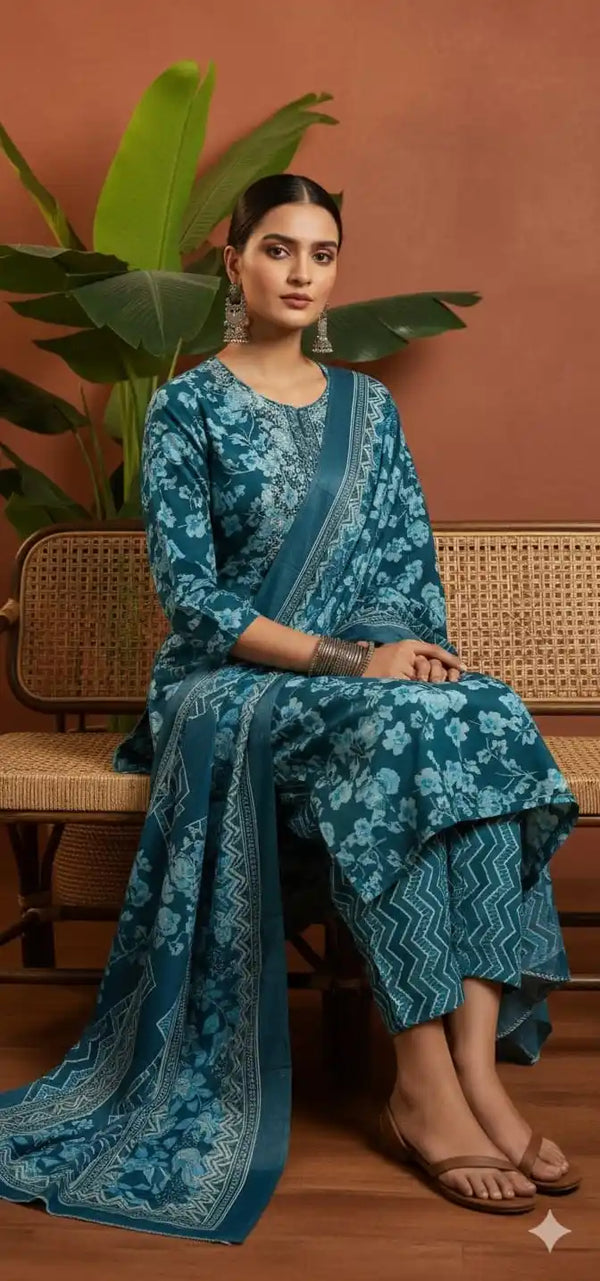 Readymade Block Print Cotton Suit With Cotton Dupatta