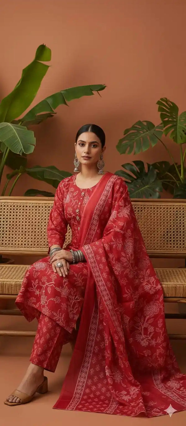 Readymade Block Print Cotton Suit With Cotton Dupatta
