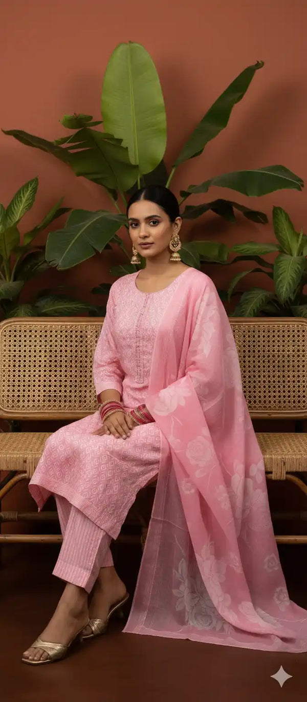 Readymade Block Print Cotton Suit With Cotton Dupatta