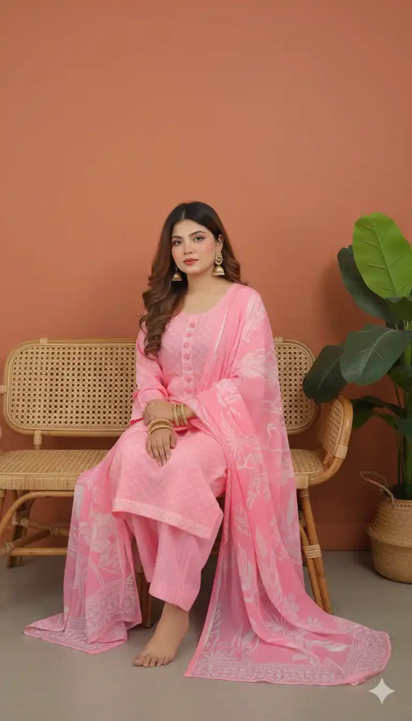 Readymade Block Print Cotton Suit With Cotton Dupatta