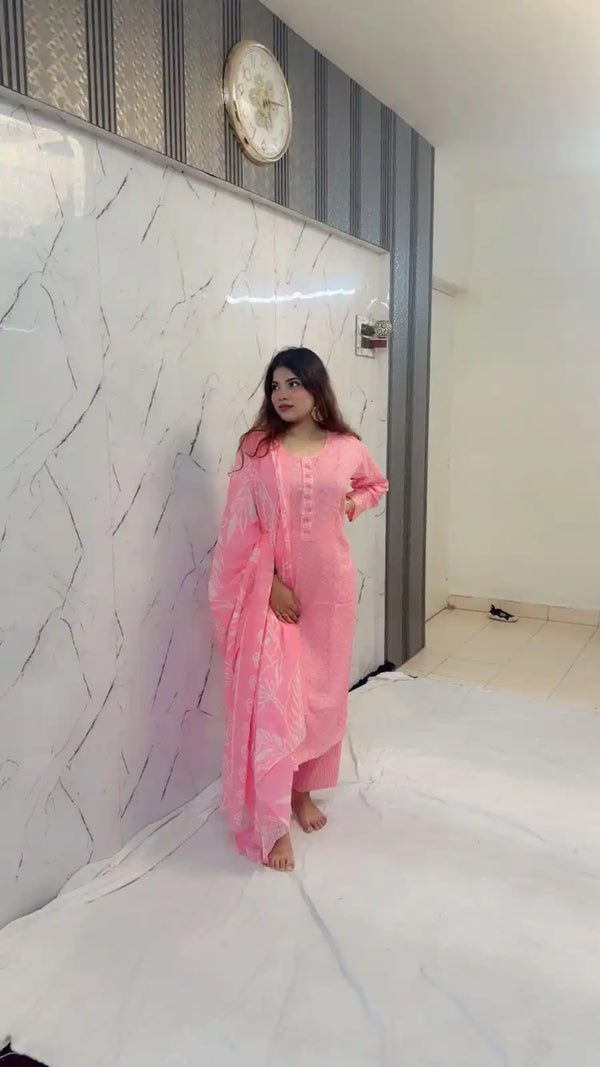 Readymade Block Print Cotton Suit With Cotton Dupatta