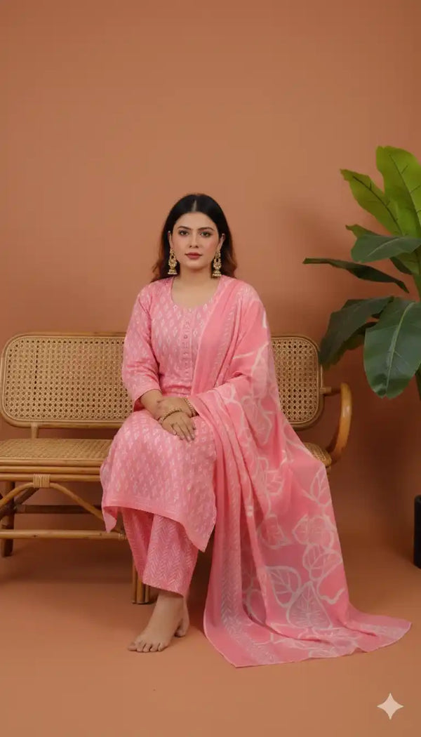 Readymade Block Print Cotton Suit With Cotton Dupatta