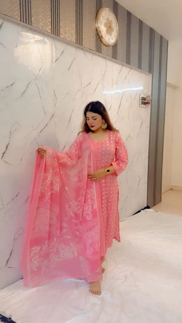 Readymade Block Print Cotton Suit With Cotton Dupatta