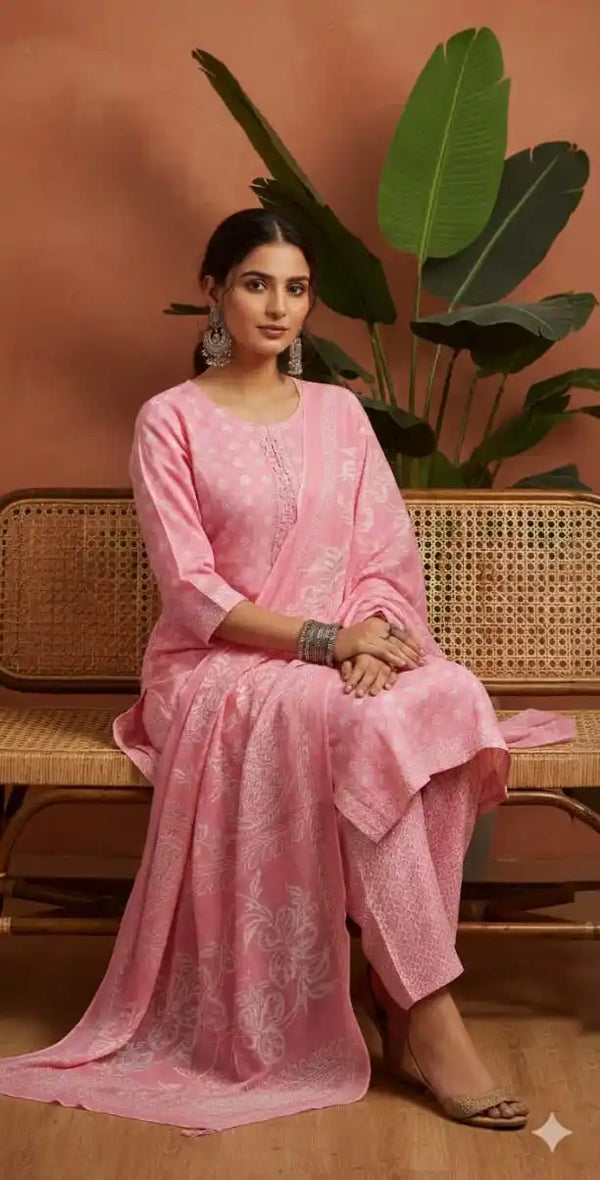 Readymade Block Print Cotton Suit With Cotton Dupatta