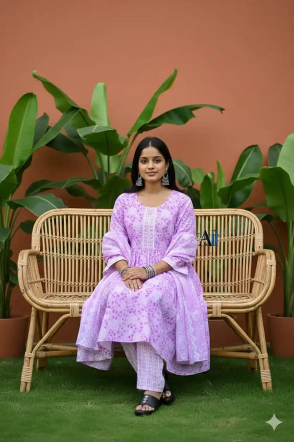 Readymade Block Print Cotton Suit With Cotton Dupatta