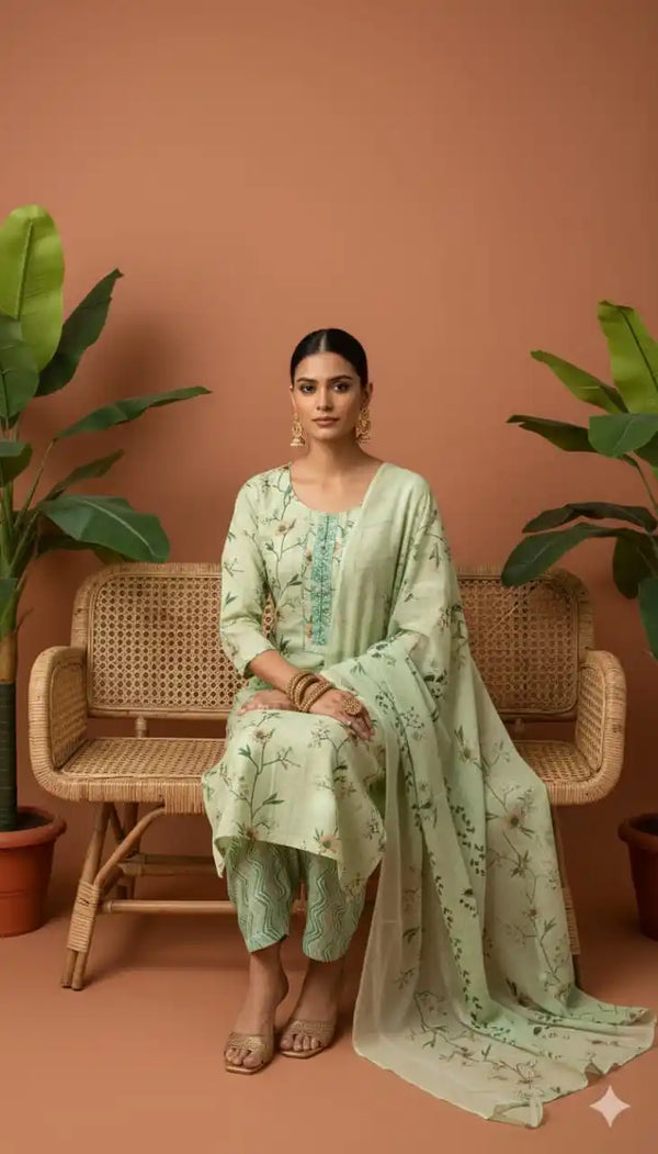 Readymade Block Print Cotton Suit With Cotton Dupatta
