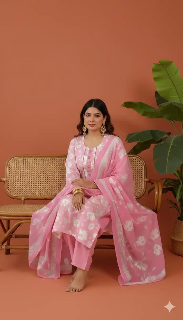 Readymade Block Print Cotton Suit With Cotton Dupatta