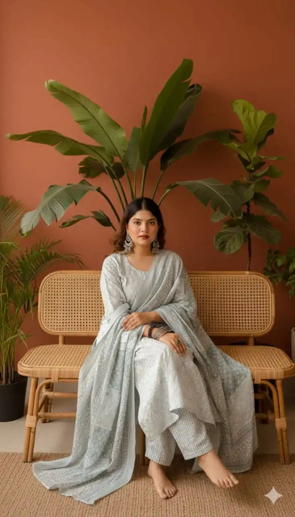 Readymade Block Print Cotton Suit With Cotton Dupatta