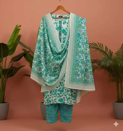 Blue white block print pant set featuring a cotton top, straight pants, and a printed dupatta.