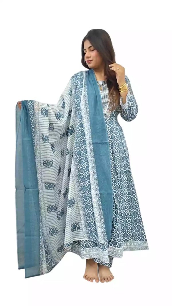 Ocean Blue Cotton Readymade Gown With Neck Emb, Kalis, Mal Dupatta & Plazo pant