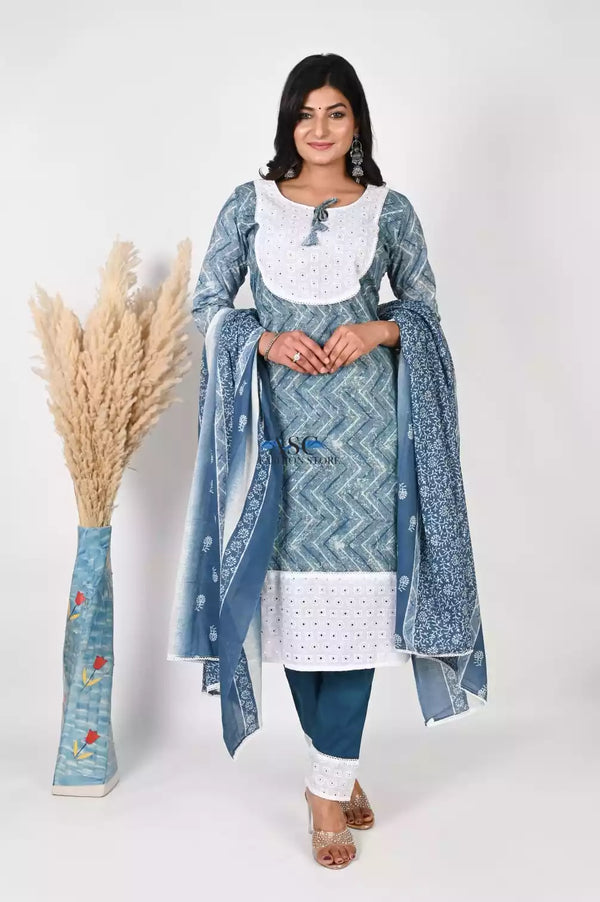 Chikenkari Patch Work Readymade Cotton Suit With Mal Cotton Dupatta & Pocket Pant