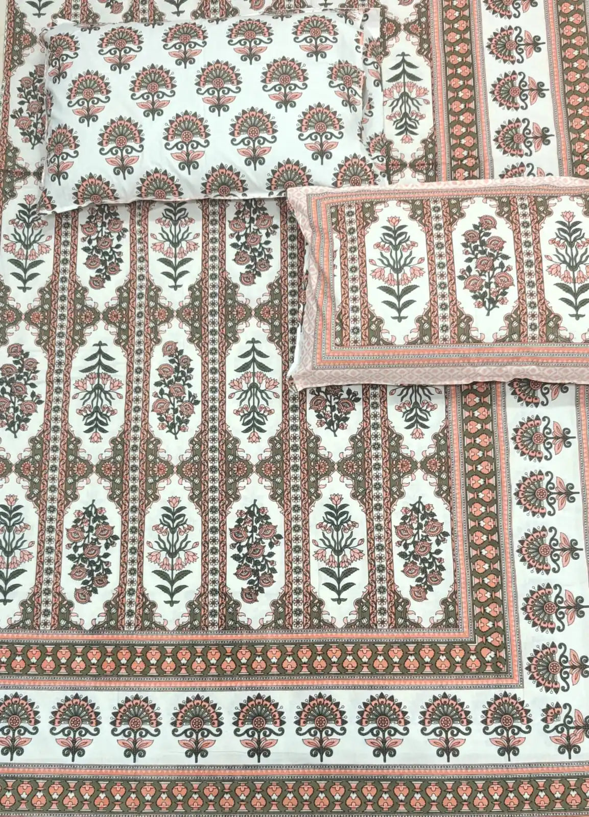 Super king size cotton bedsheet and two pillow covers with floral design from ASC Fashion Store.