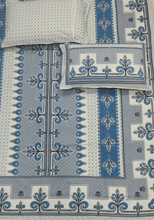 Super king size cotton bedsheet 9x9 ft with two pillow covers in blue floral design.