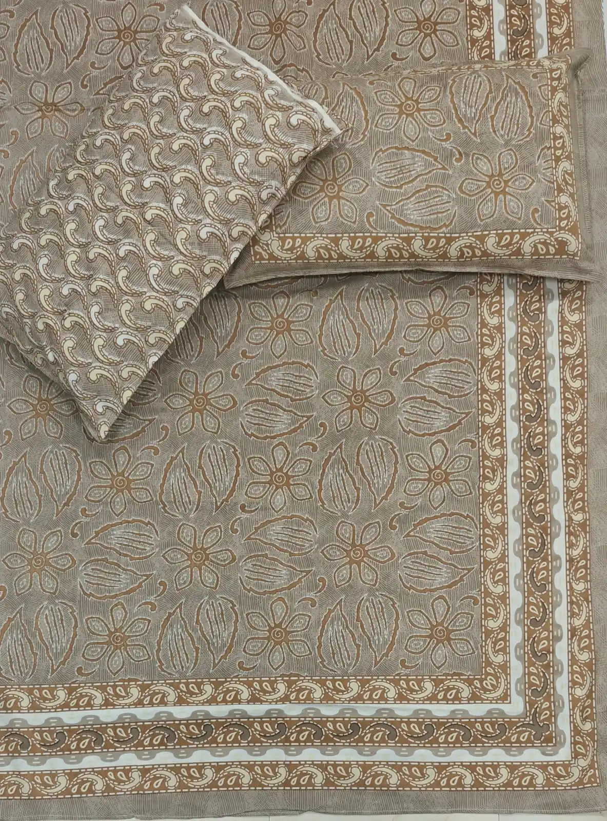Jaipuri cotton king size bedsheet with 2 pillow covers featuring traditional Sanganeri hand block print in earthy tones.