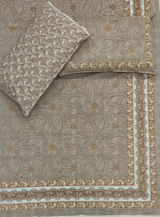 Jaipuri cotton king size bedsheet with 2 pillow covers featuring traditional Sanganeri hand block print in earthy tones.