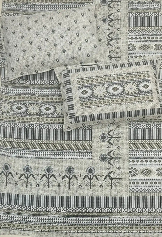 Jaipuri cotton bedsheet king size with 2 decorative pillow covers, featuring traditional Sanganeri hand block print design.