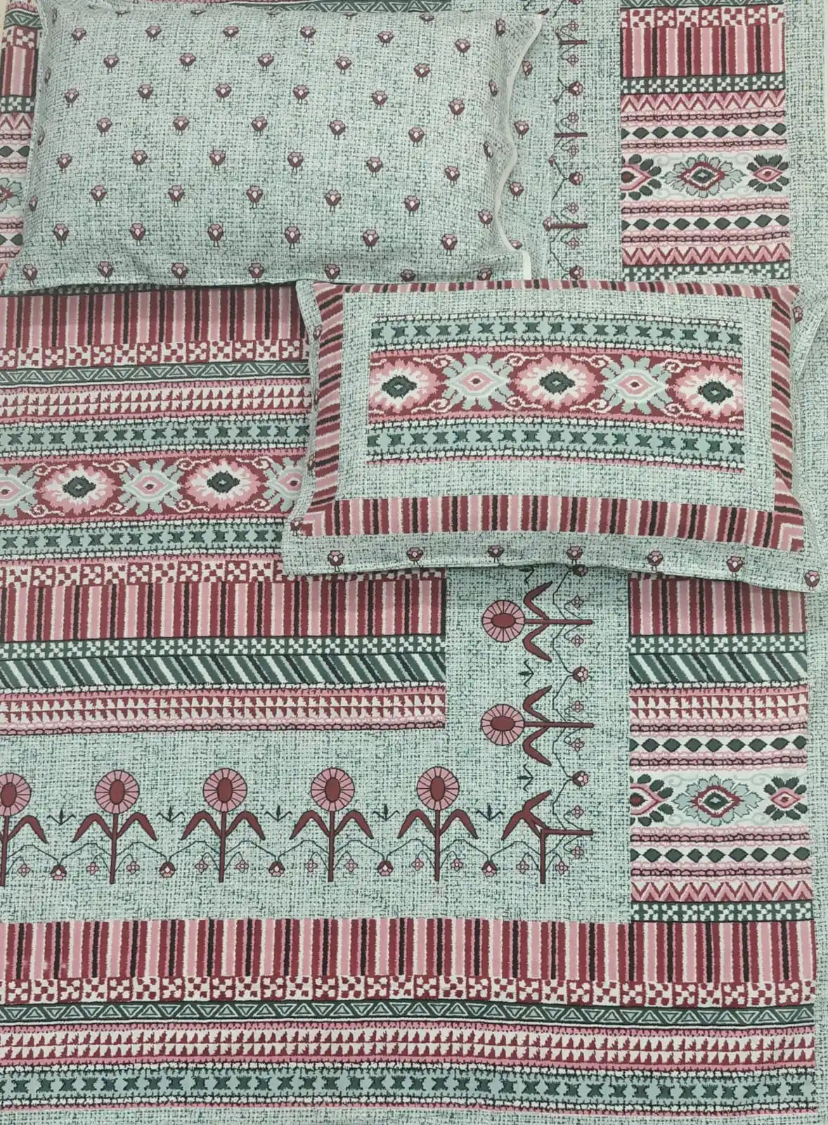 Jaipuri cotton bedsheet king size featuring traditional Sanganeri hand block prints and two matching pillow covers.
