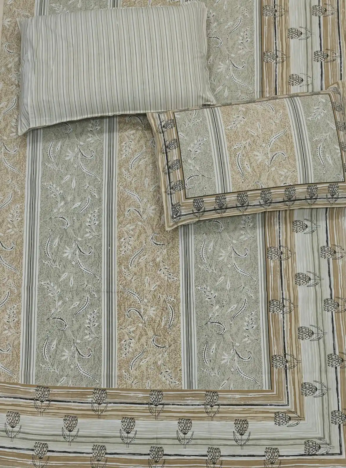 Jaipuri cotton bedsheet 8x9 ft with 2 pillow covers featuring traditional Sanganeri hand block print.