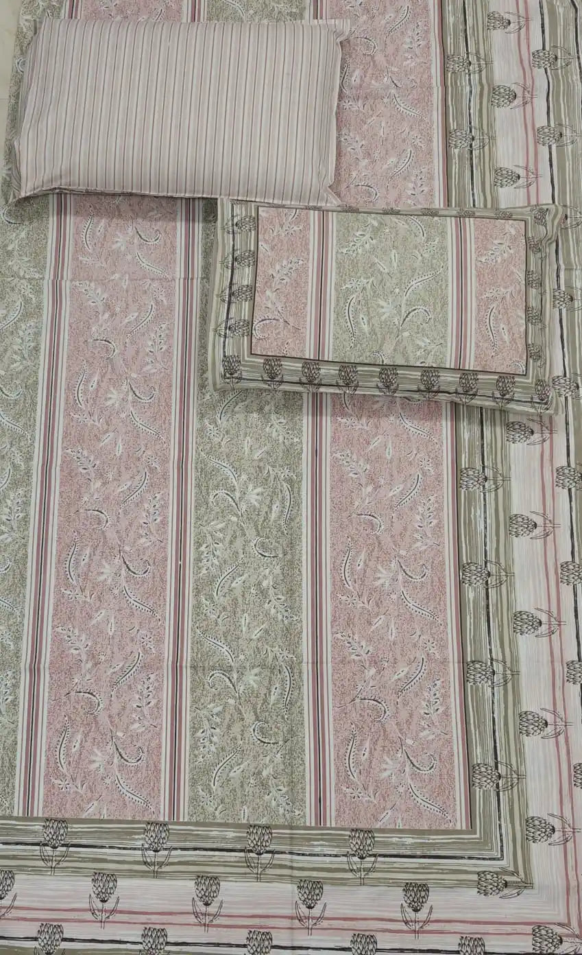 Jaipuri cotton king size bedsheet 8x9 ft with 2 matching pillow covers in traditional design.